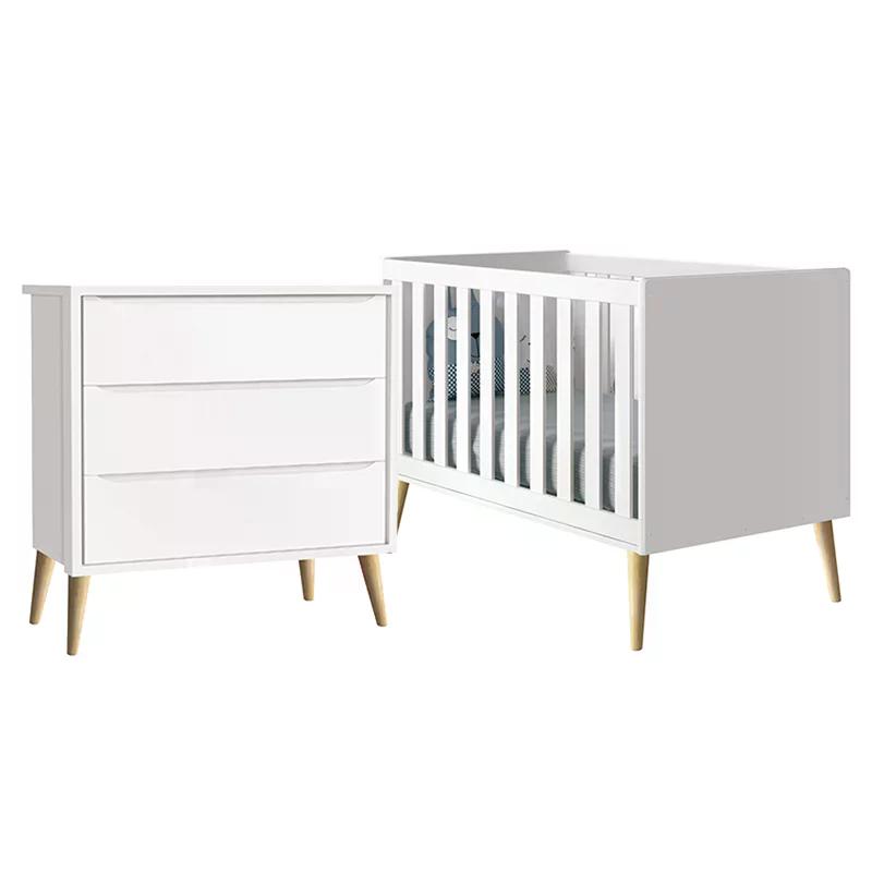 Jogo de Quarto Infantil Theo Cômoda 3 Gavetas e Berço Branco Fosco com Pés Madeira Natural - Reller Móveis