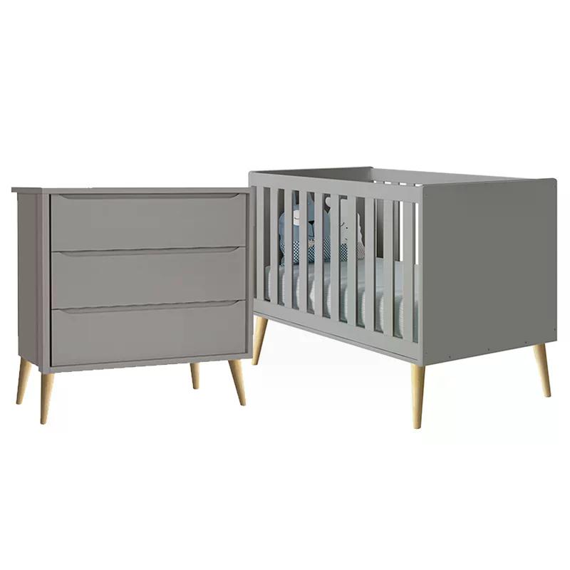 Jogo de Quarto Infantil Theo Cômoda 3 Gavetas e Berço Cinza Fosco com Pés Madeira Natural - Reller Móveis