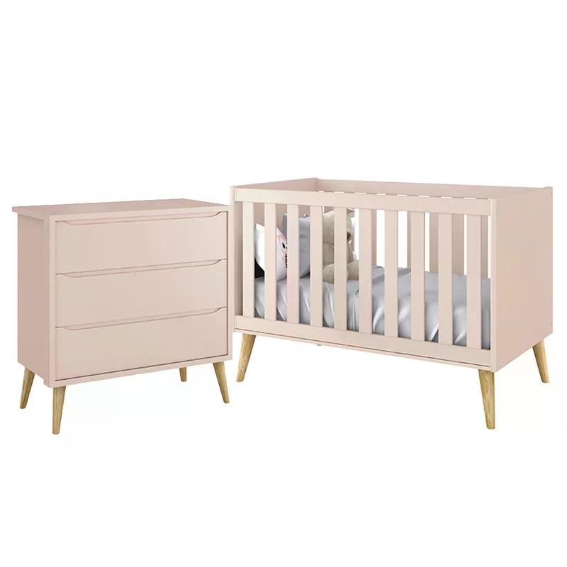 Jogo de Quarto Infantil Theo Cômoda 3 Gavetas e Berço Rosa Fosco com Pés Madeira Natural - Reller Móveis