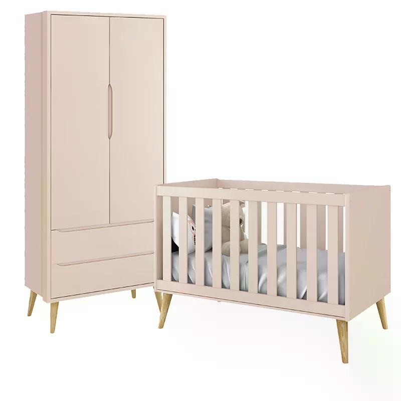 Jogo de Quarto Infantil Theo Guarda Roupa 2 Portas e Berço Rosa Fosco com Pés Madeira Natural - Reller Móveis