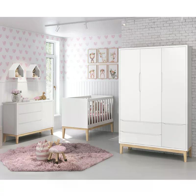 Quarto Infantil Classic 3 portas Branco Fosco com Pés Madeira Natural - Reller Móveis