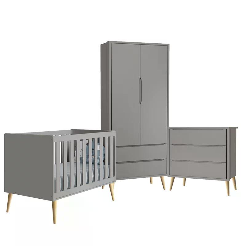 Quarto Infantil Theo 2 portas Cinza Fosco com Pés Madeira Natural - Reller Móveis