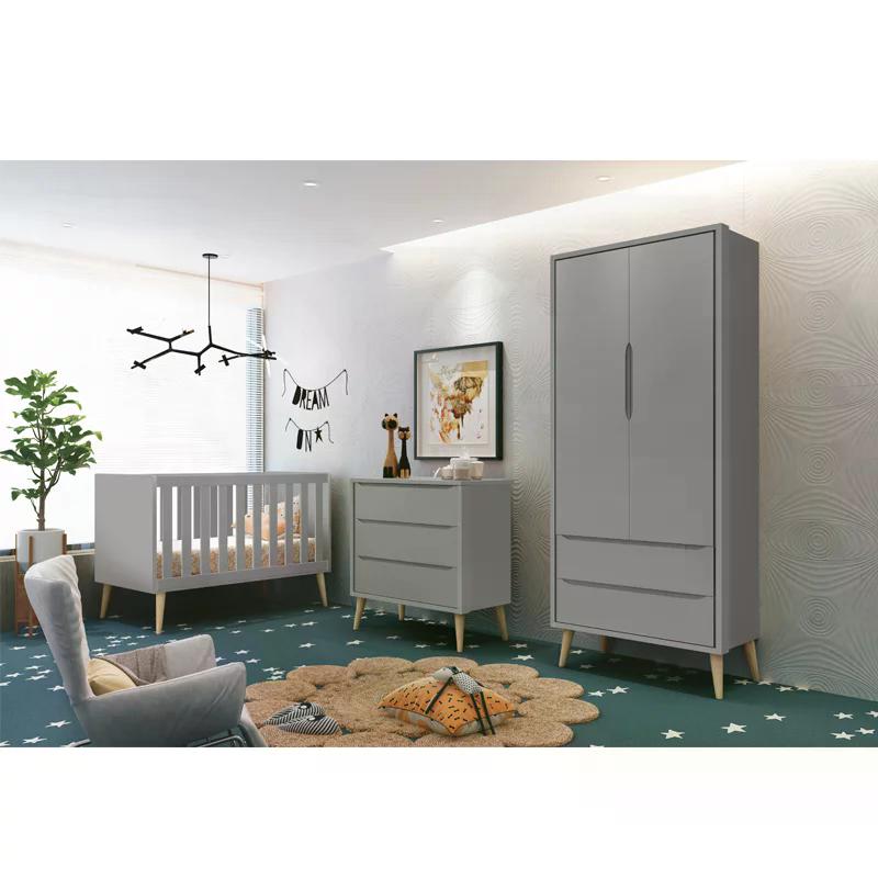 Quarto Infantil Theo 2 portas Cinza Fosco com Pés Madeira Natural - Reller Móveis
