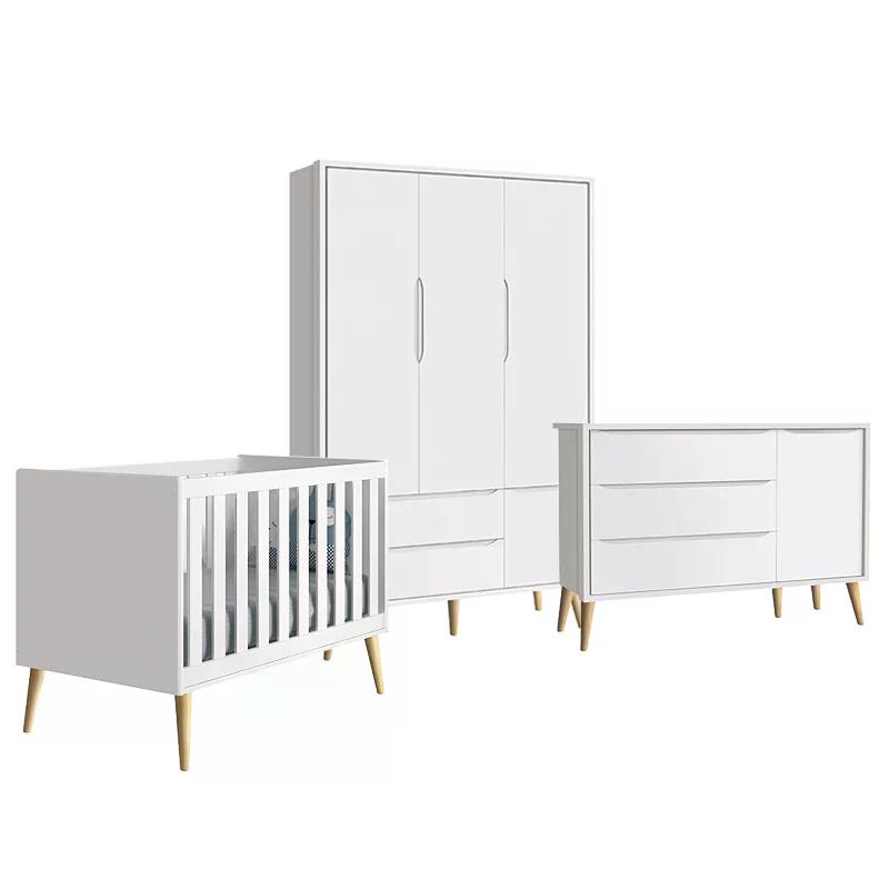 Quarto Infantil Theo 3 portas Branco Fosco com Pés Madeira Natural - Reller Móveis