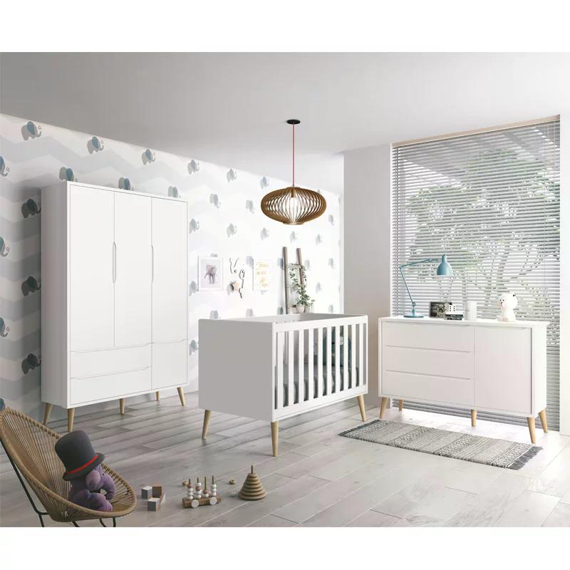Quarto Infantil Theo 3 portas Branco Fosco com Pés Madeira Natural - Reller Móveis