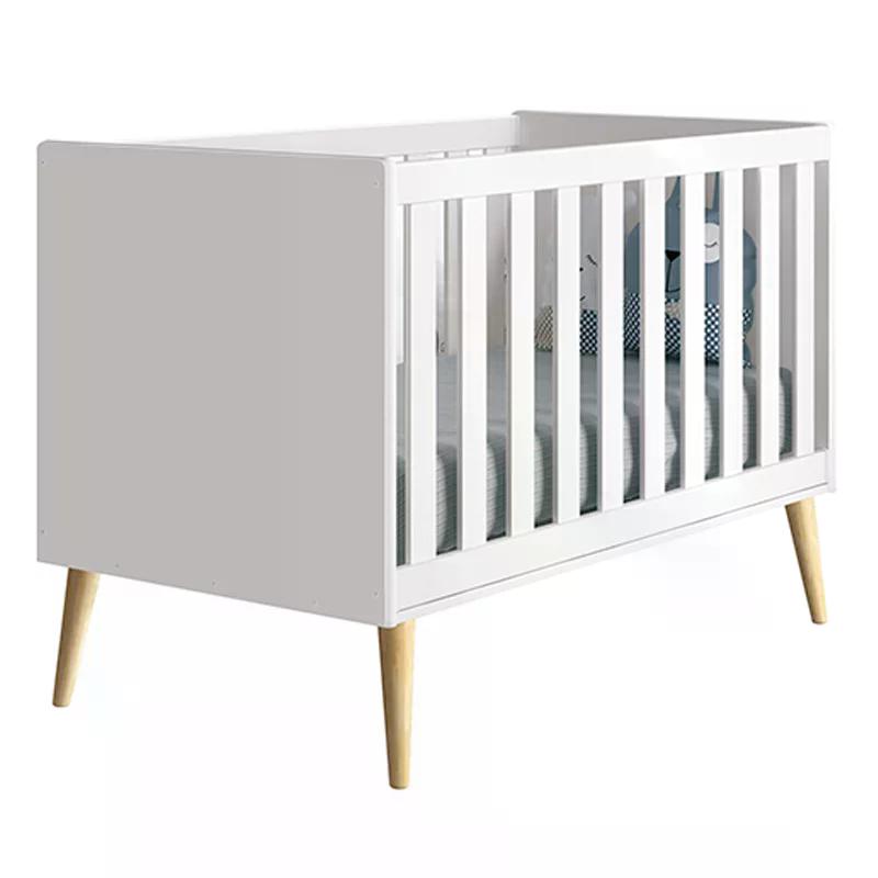 Quarto com Berço Theo e Cômoda com Porta Branco Fosco e Pés Madeira Natural - Reller Móveis