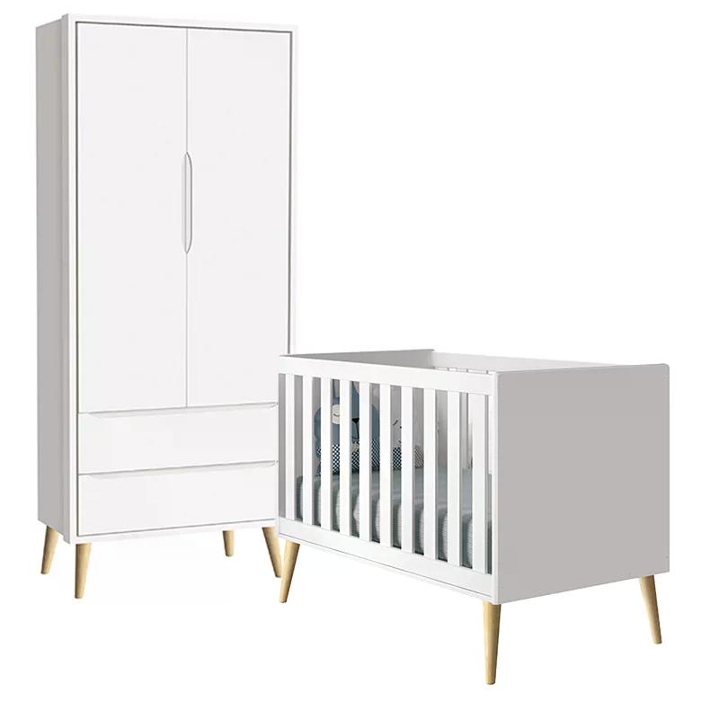Quarto com Berço Theo e Guarda Roupa 2 Portas e Pés Madeira Natural Branco Fosco - Reller Móveis
