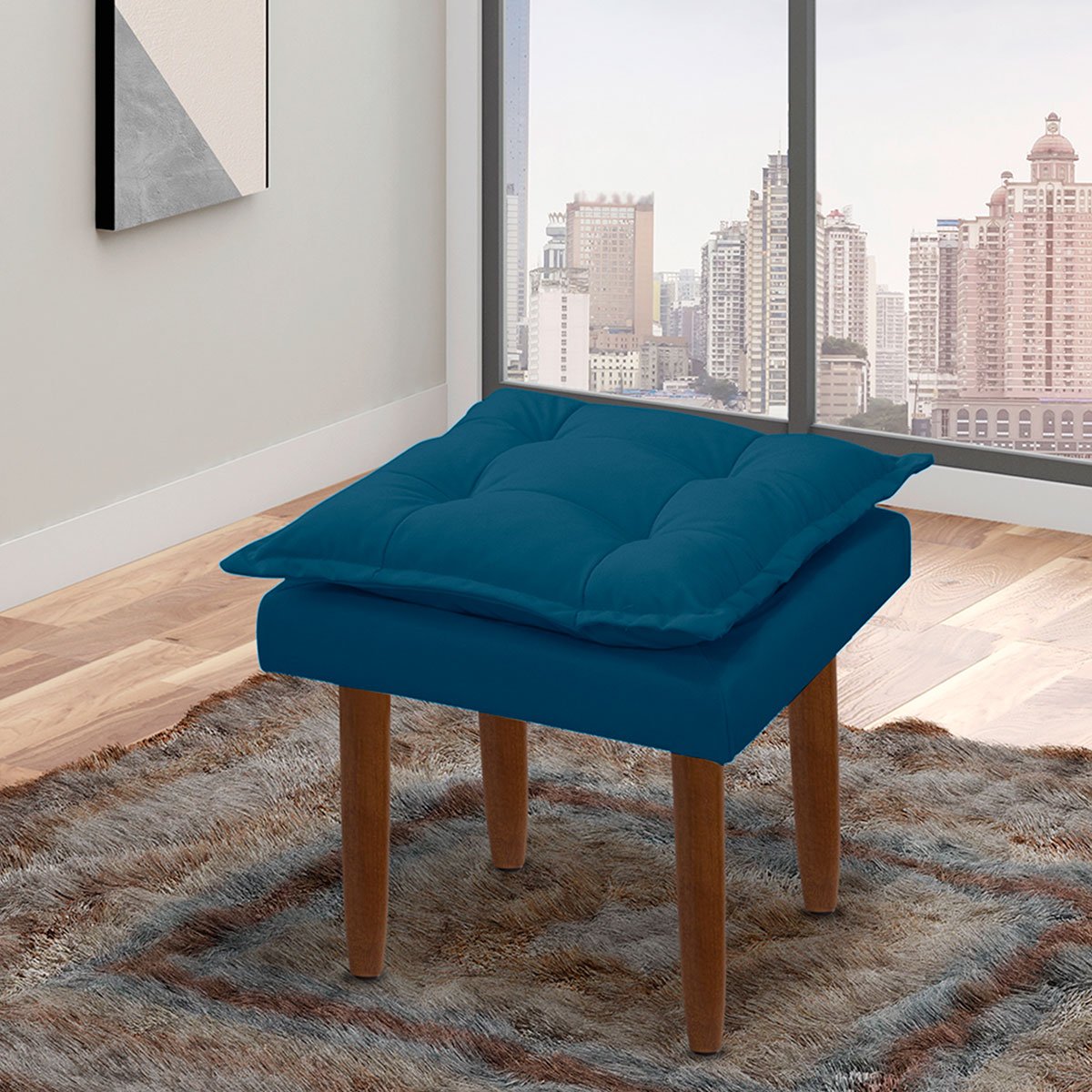 Puff Decorativo Quadrado com Pés Palito Heloíse Veludo Azul Marinho