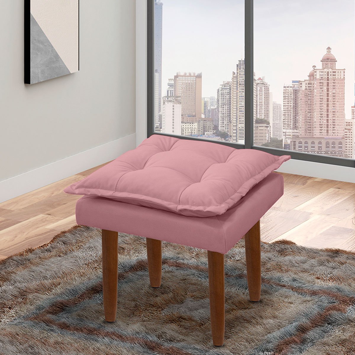 Puff Decorativo Quadrado com Pés Palito Heloíse Veludo Rosê