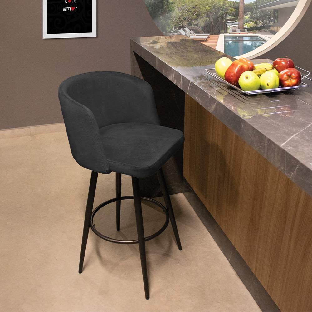 Banqueta Ipê Veludo Chumbo Base Metálica Preto - D'Rossi