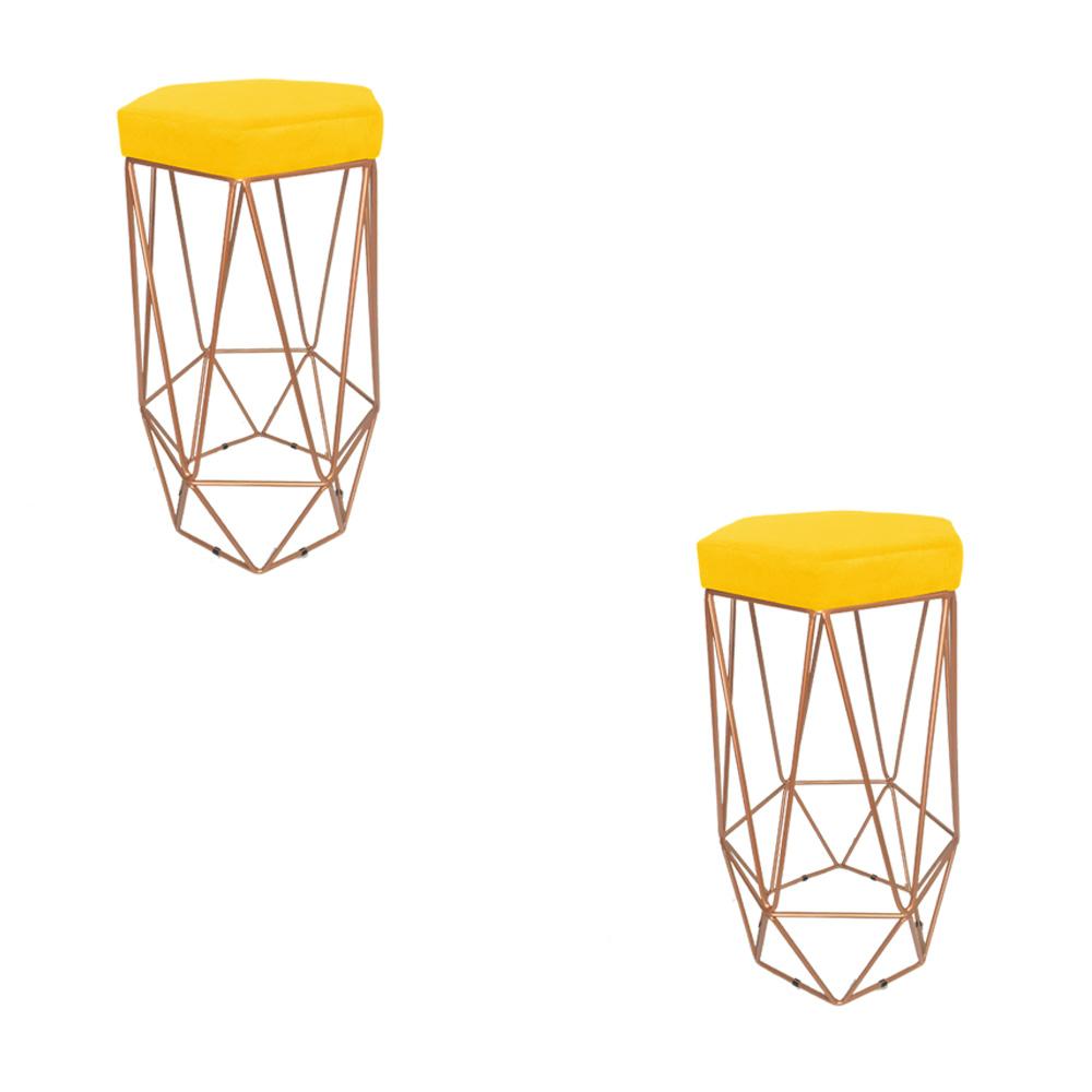Conjunto 2 Banquetas Decorativa Hexagonal Aramado Bronze Suede Amarelo Rocha Móveis