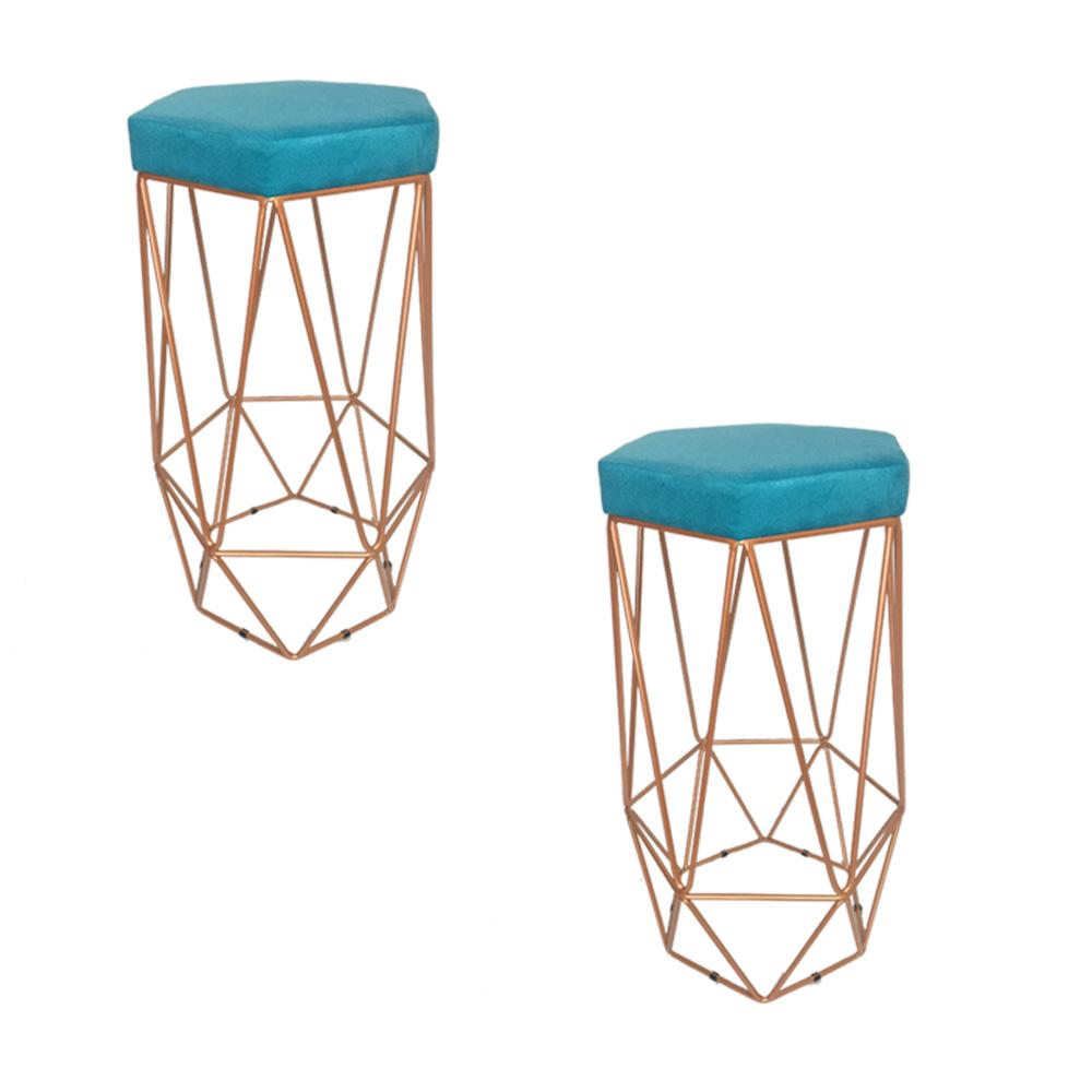 Conjunto 2 Banquetas Decorativa Hexagonal Aramado Bronze Suede Azul Tifany Rocha Móveis