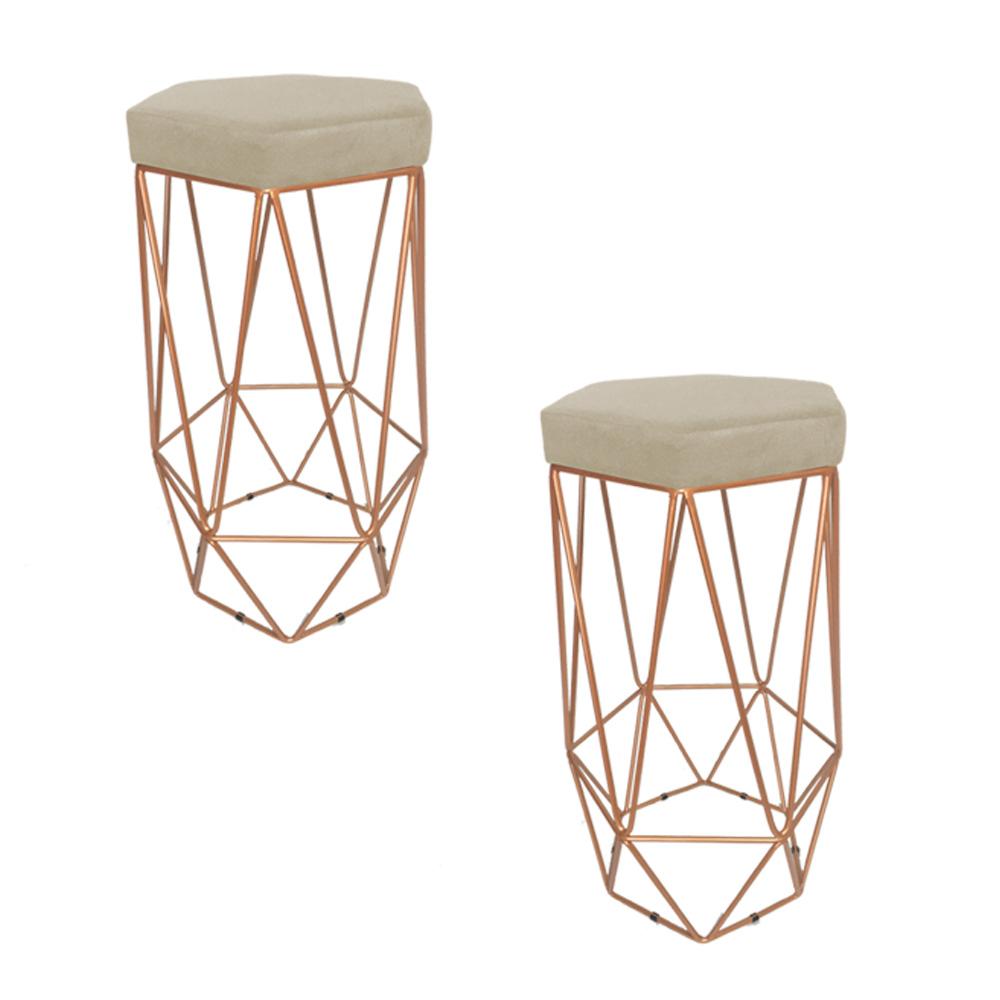 Conjunto 2 Banquetas Decorativa Hexagonal Aramado Bronze Suede Bege Rocha Móveis