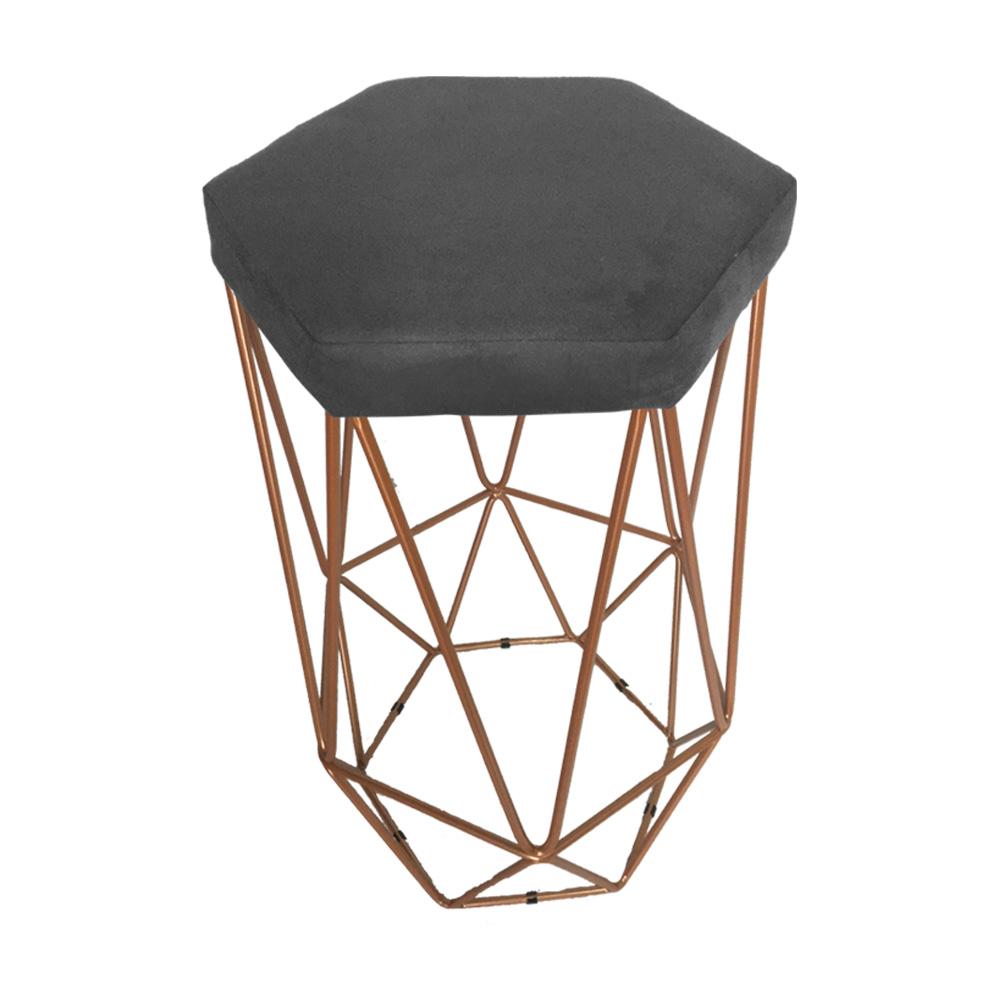 Conjunto 2 Banquetas Decorativa Hexagonal Aramado Bronze Suede Cinza Rocha Móveis
