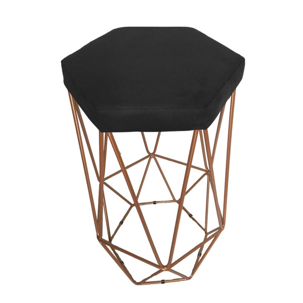 Conjunto 2 Banquetas Decorativa Hexagonal Aramado Bronze Suede Preto Rocha Móveis