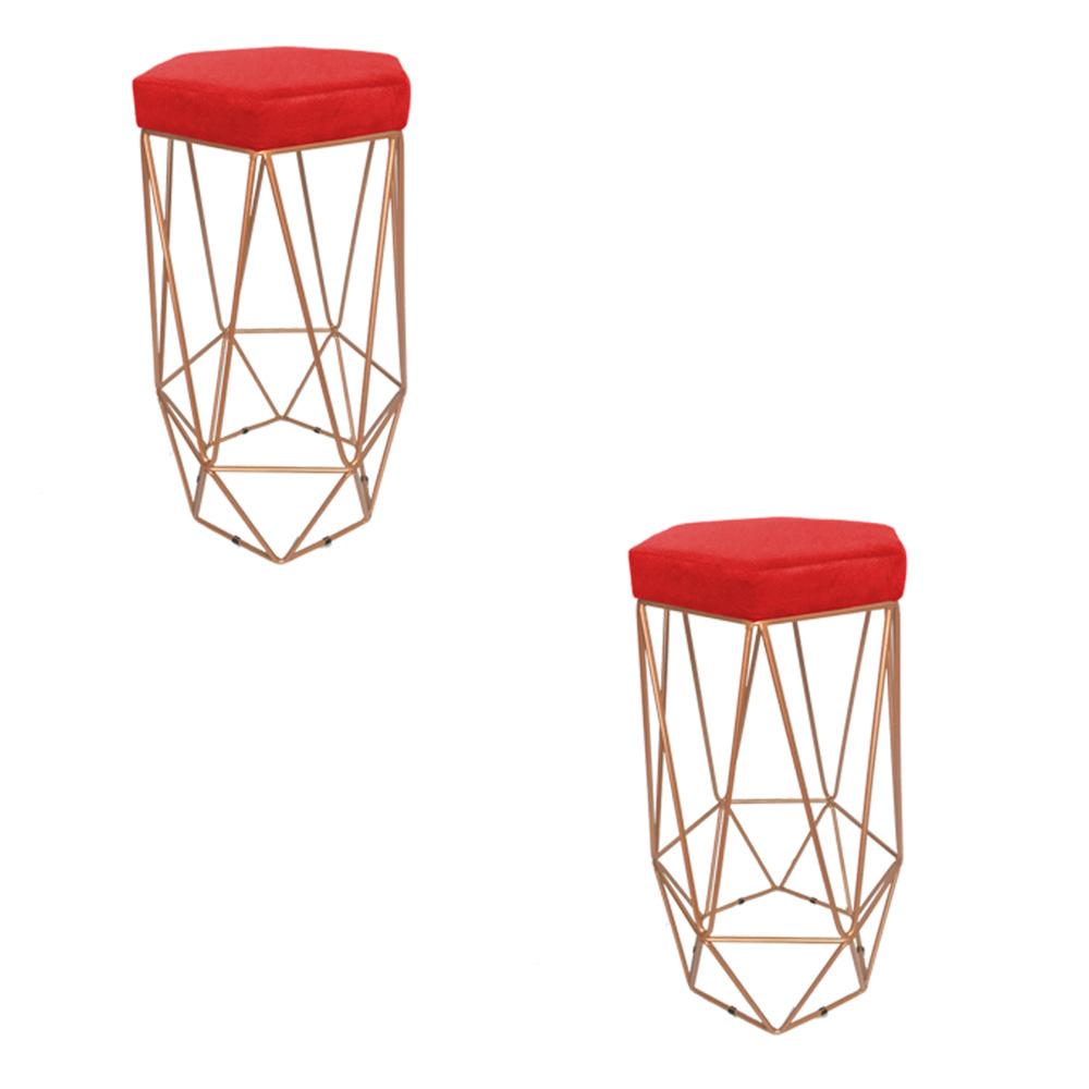 Conjunto 2 Banquetas Decorativa Hexagonal Aramado Bronze Suede Vermelho Rocha Móveis
