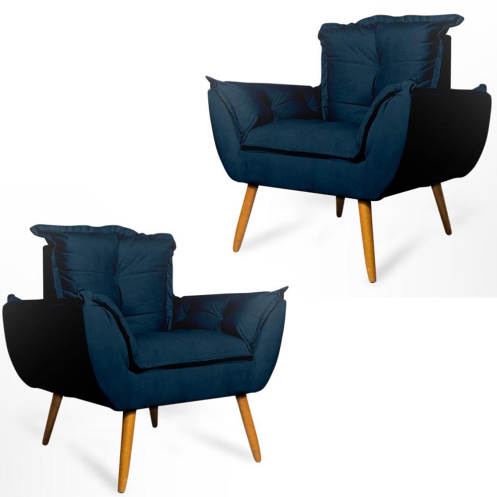 Conjunto 2 Poltronas Decorativa Opala Suede Azul Marinho Rocha Móveis