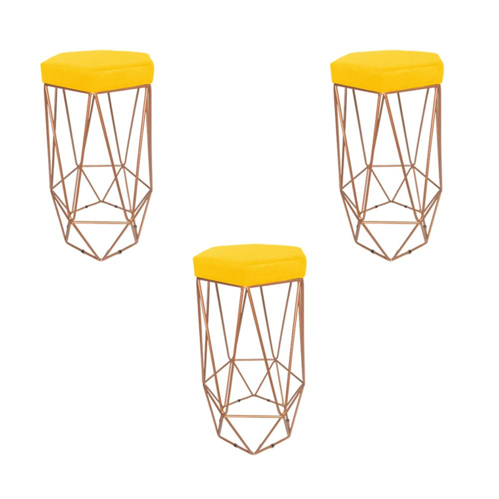 Conjunto 3 Banquetas Decorativa Hexagonal Aramado Bronze Suede Amarelo Rocha Móveis