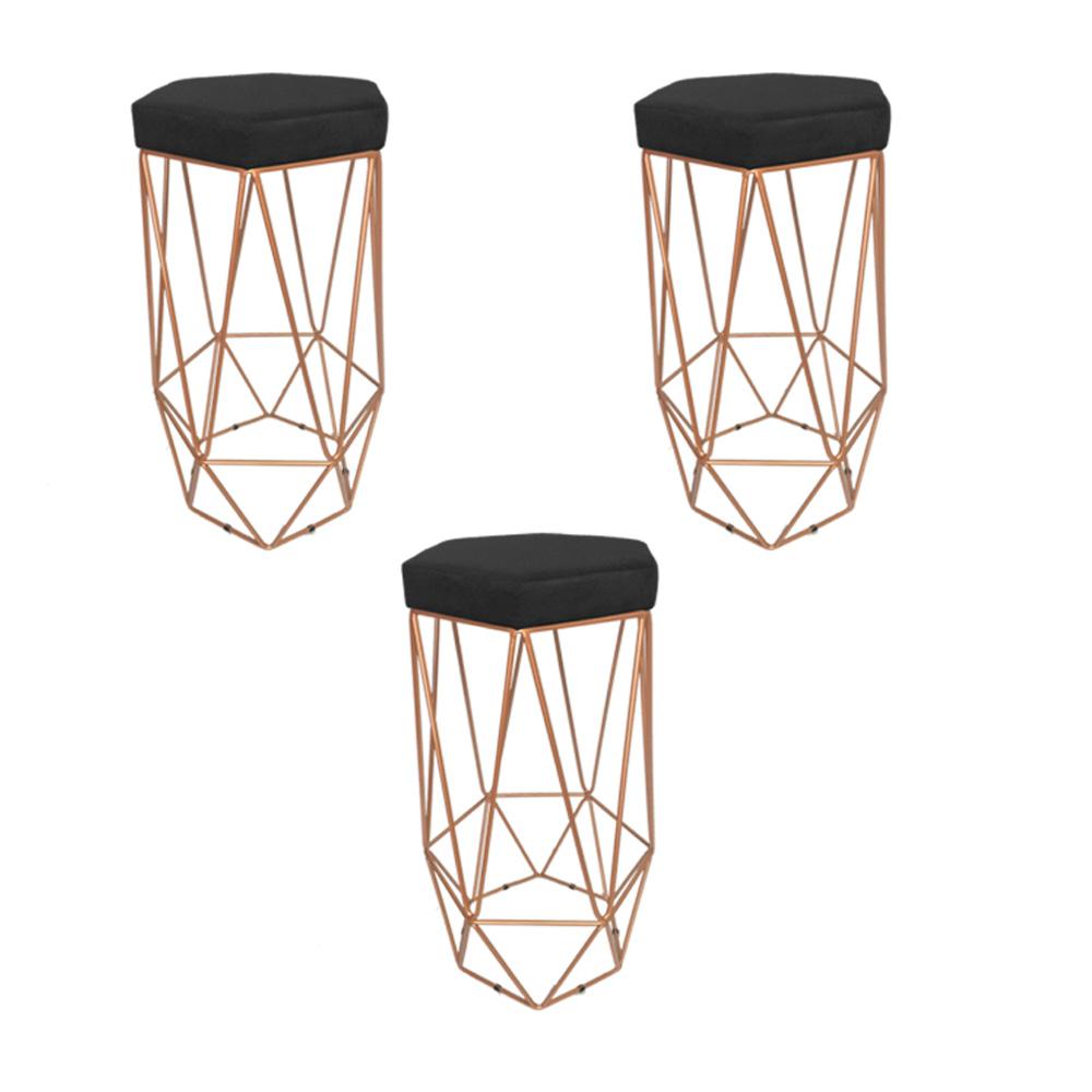Conjunto 3 Banquetas Decorativa Hexagonal Aramado Bronze Suede Preto Rocha Móveis
