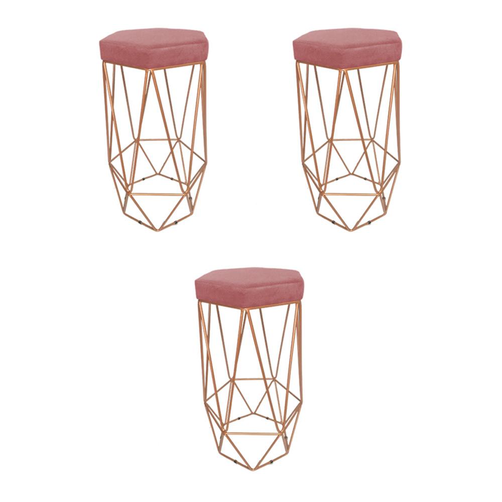 Conjunto 3 Banquetas Decorativa Hexagonal Aramado Bronze Suede Rosê Rocha Móveis