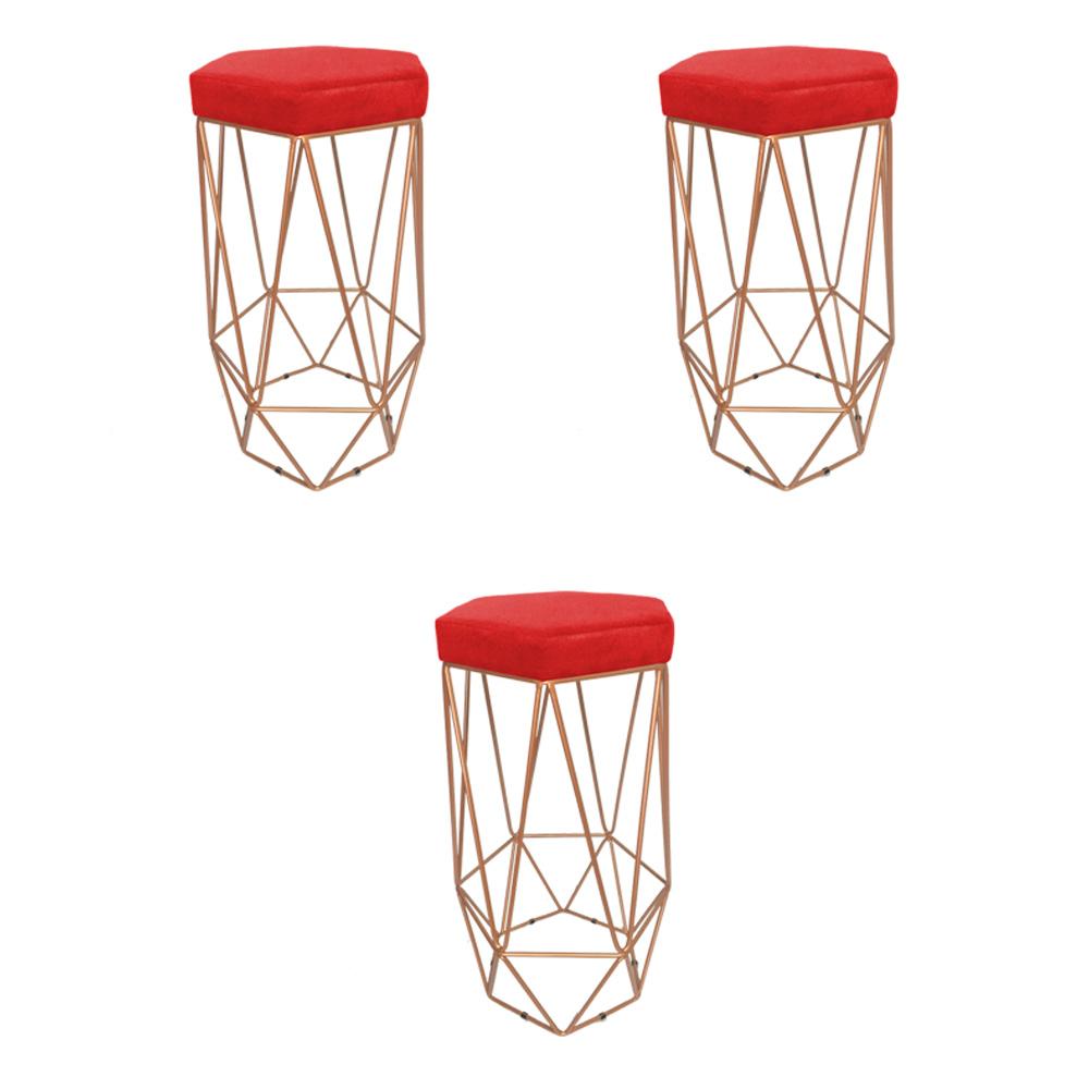 Conjunto 3 Banquetas Decorativa Hexagonal Aramado Bronze Suede Vermelho Rocha Móveis