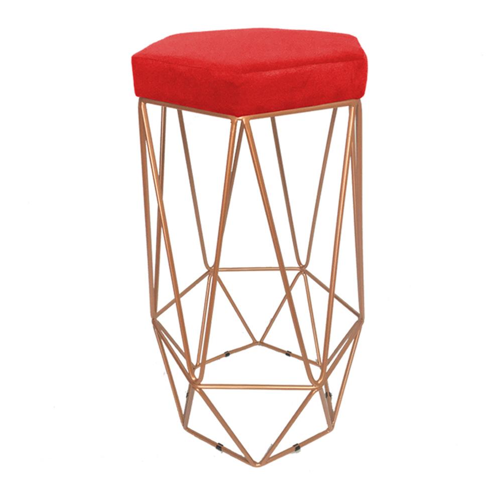 Conjunto 3 Banquetas Decorativa Hexagonal Aramado Bronze Suede Vermelho Rocha Móveis