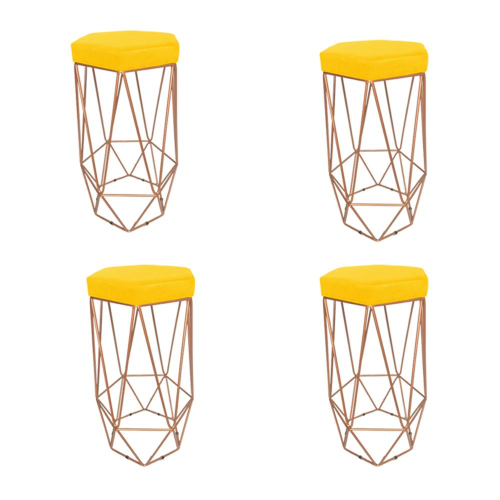Conjunto 4 Banquetas Decorativa Hexagonal Aramado Bronze Suede Amarelo Rocha Móveis