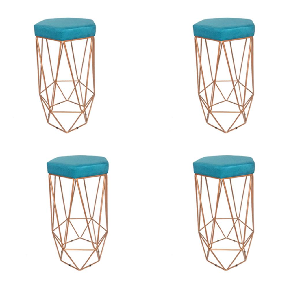 Conjunto 4 Banquetas Decorativa Hexagonal Aramado Bronze Suede Azul Tifany Rocha Móveis