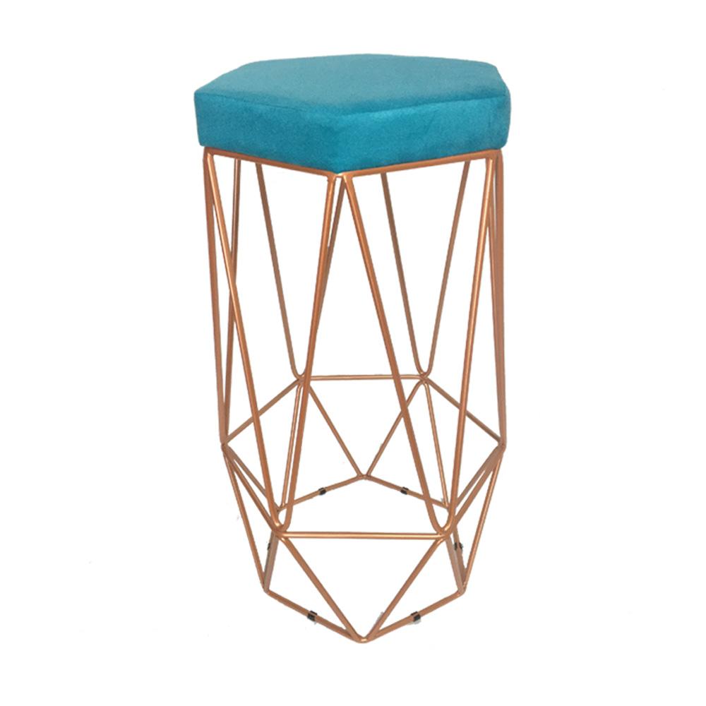 Conjunto 4 Banquetas Decorativa Hexagonal Aramado Bronze Suede Azul Tifany Rocha Móveis