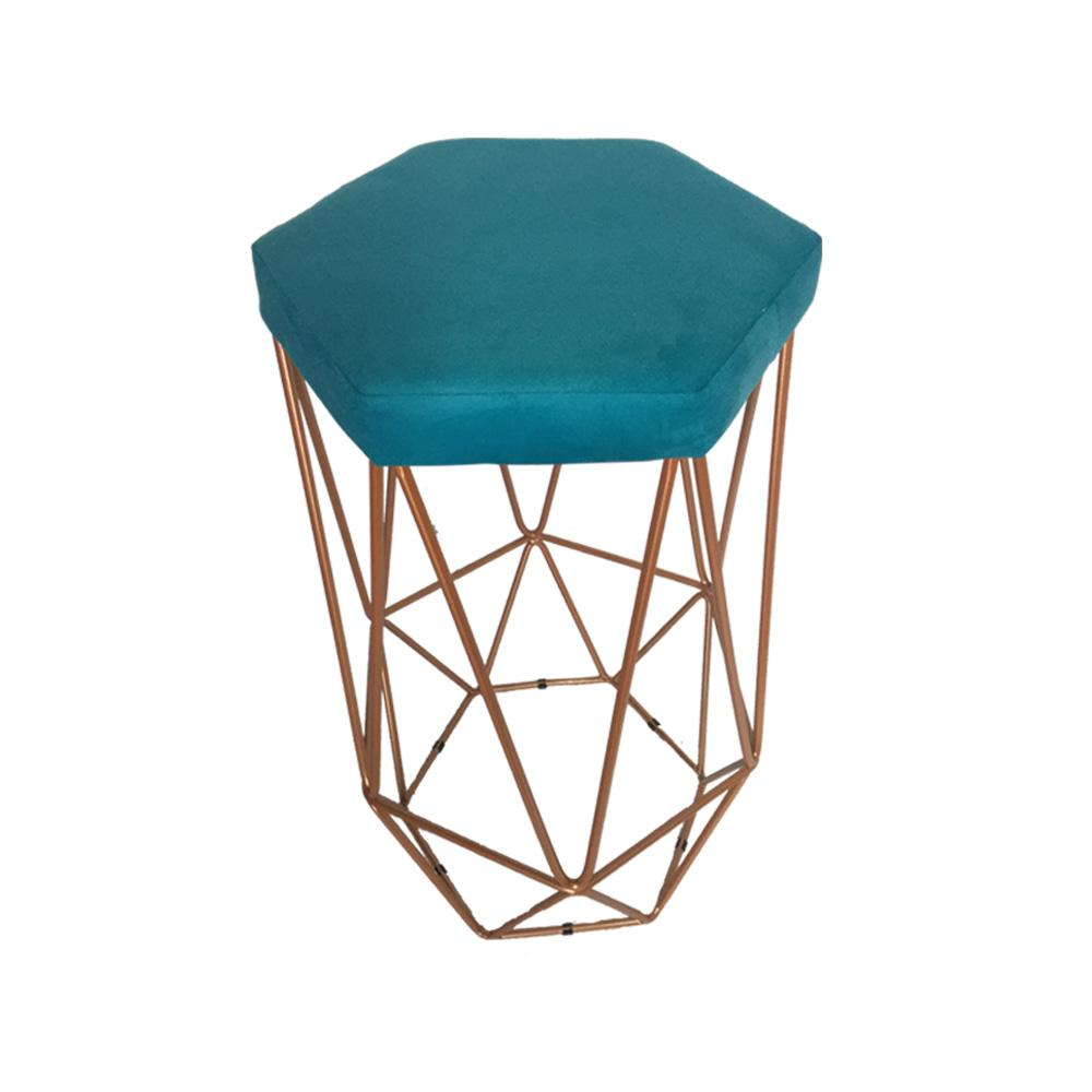 Conjunto 4 Banquetas Decorativa Hexagonal Aramado Bronze Suede Azul Tifany Rocha Móveis