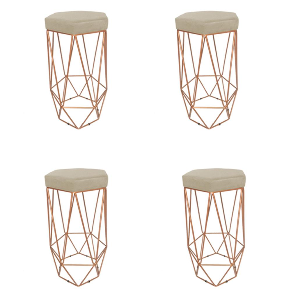Conjunto 4 Banquetas Decorativa Hexagonal Aramado Bronze Suede Bege Rocha Móveis