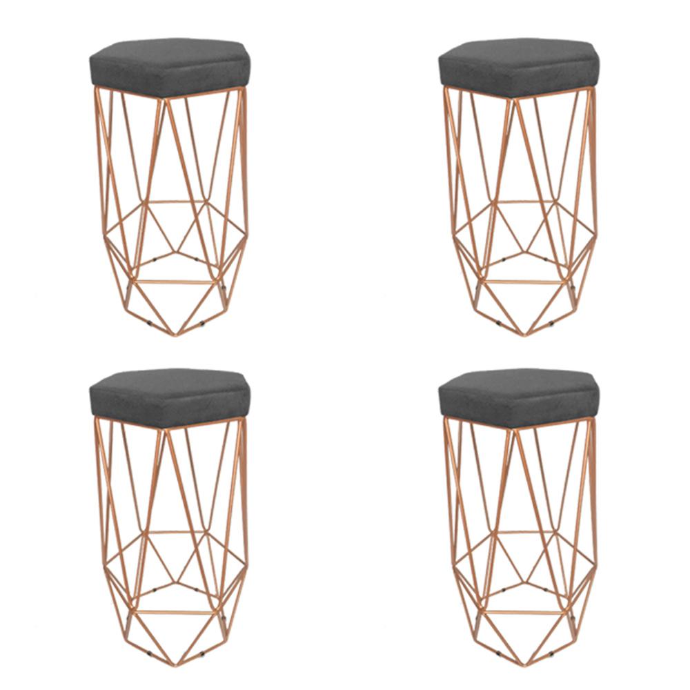 Conjunto 4 Banquetas Decorativa Hexagonal Aramado Bronze Suede Cinza Rocha Móveis