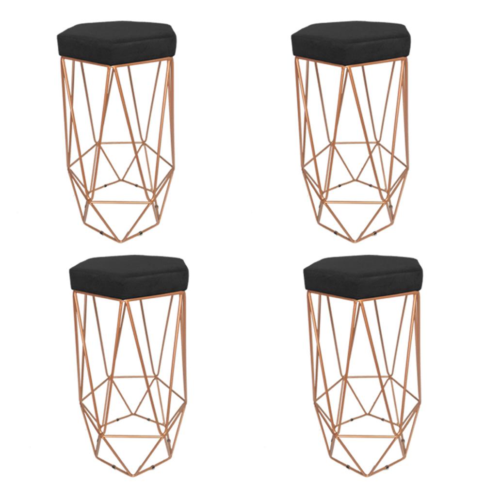 Conjunto 4 Banquetas Decorativa Hexagonal Aramado Bronze Suede Preto Rocha Móveis