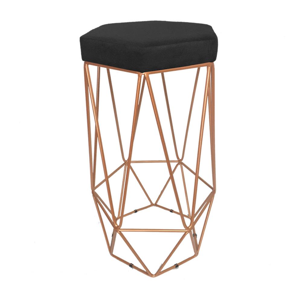 Conjunto 4 Banquetas Decorativa Hexagonal Aramado Bronze Suede Preto Rocha Móveis