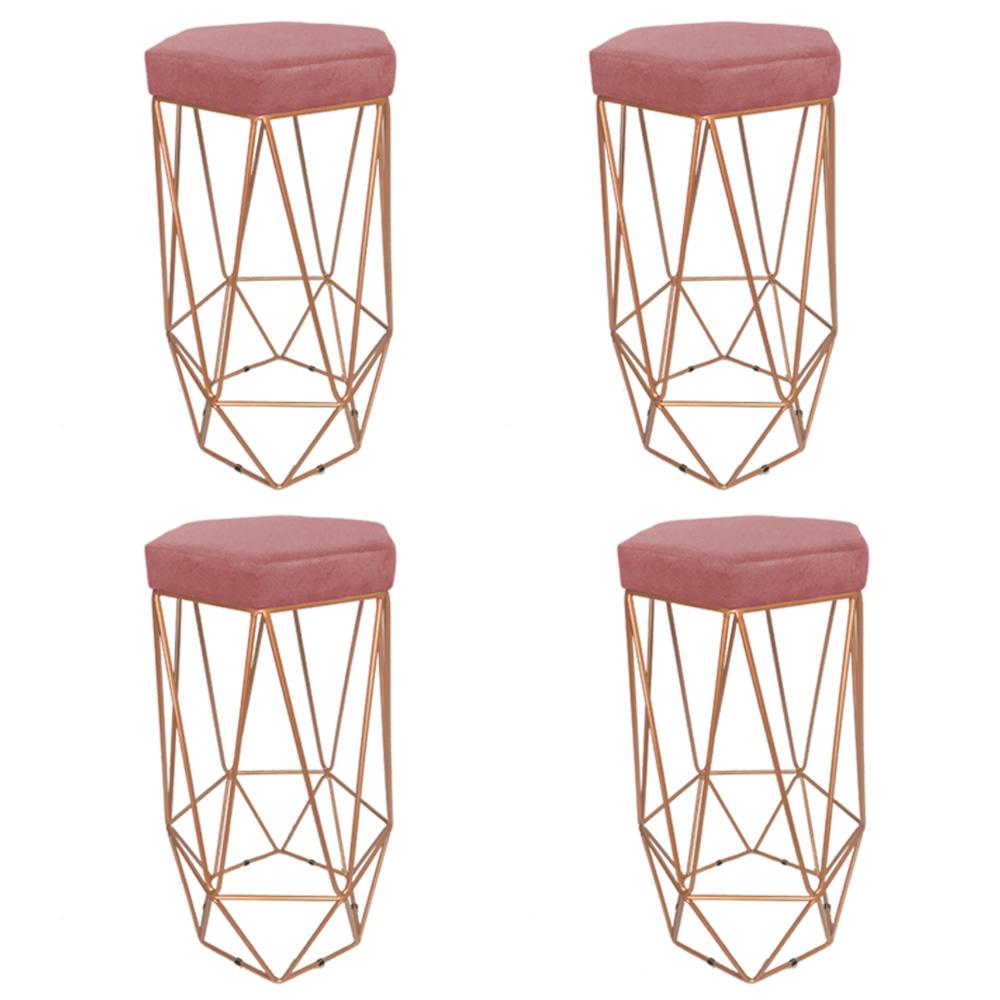 Conjunto 4 Banquetas Decorativa Hexagonal Aramado Bronze Suede Rosê Rocha Móveis