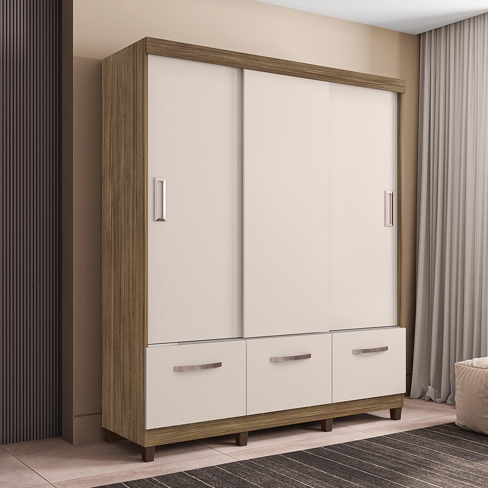 Guarda-Roupa Casal Moderno 2 Portas e 3 Gavetas Bege Claro