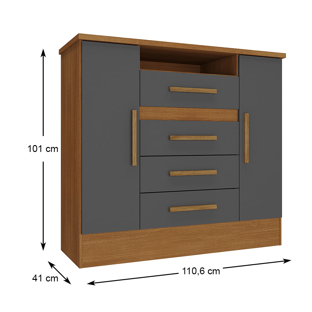 Cômoda Laguna 2 Portas 4 Gavetas Cinamomo/ Chumbo - Rodial