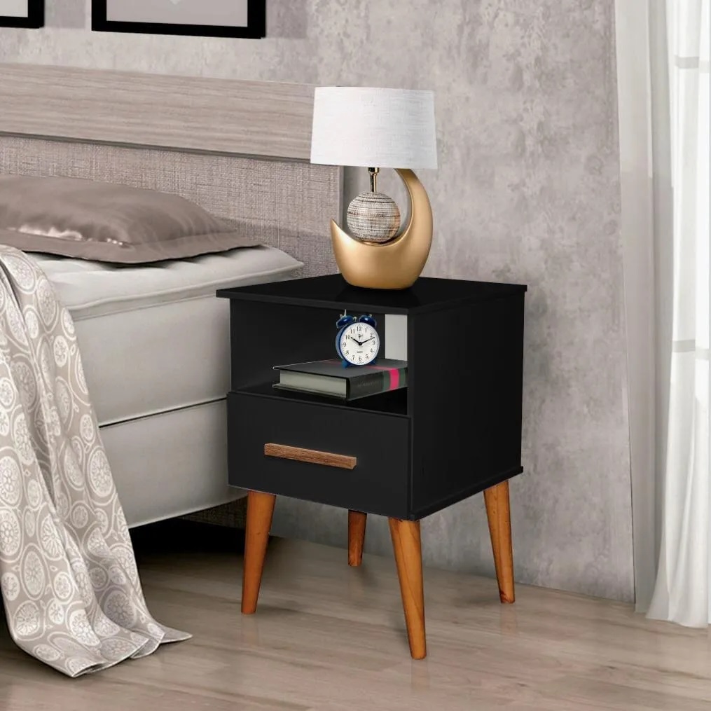 Mesa De Cabeceira Preta Retrô Com Gaveta Pés Palito Suporte Para Cama com Nicho Guarda Objetos Luxo Luxo Pl