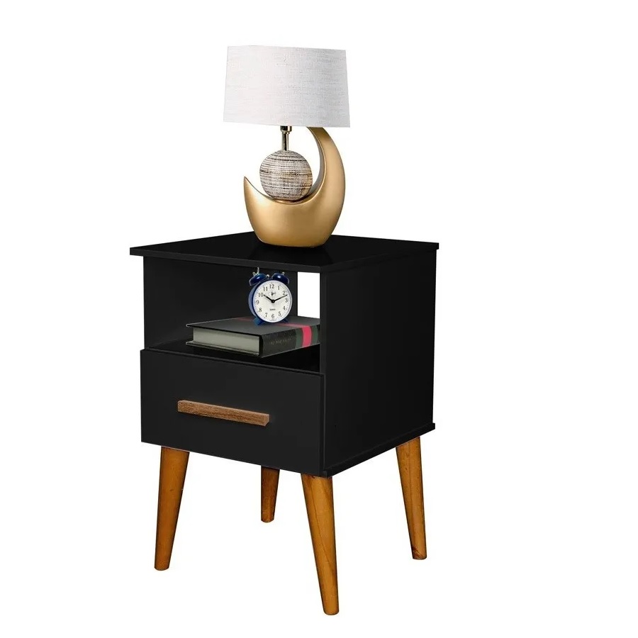 Mesa De Cabeceira Preta Retrô Com Gaveta Pés Palito Suporte Para Cama com Nicho Guarda Objetos Luxo Luxo Pl