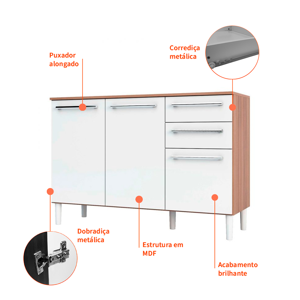 Balcão de Cozinha com Tampo Carménere 3 Portas 2 Gavetas Marrom e Branco