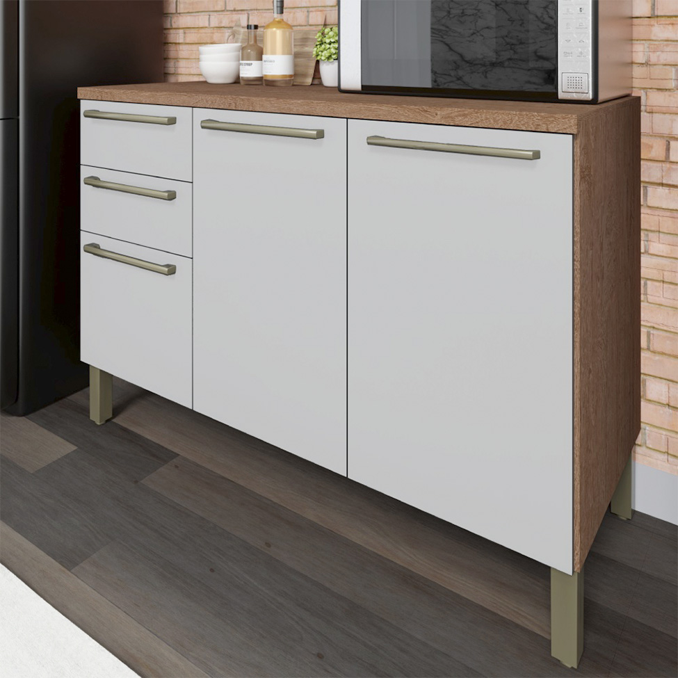 Balcão de Cozinha com Tampo Napoli Prime 3 Portas 2 Gavetas Castanho e Branco