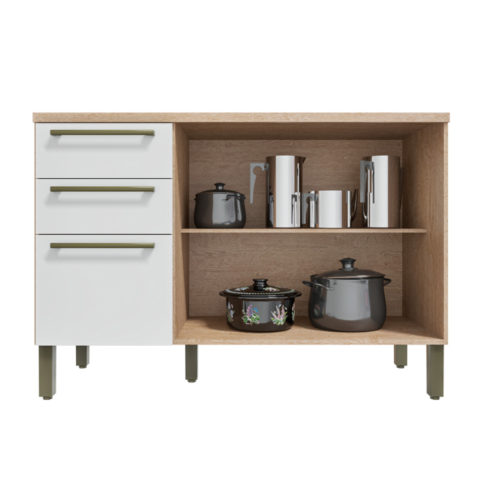 Balcão de Cozinha com Tampo Napoli Prime 3 Portas 2 Gavetas Castanho e Branco