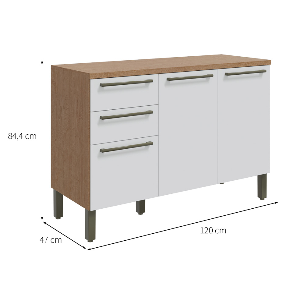 Balcão de Cozinha com Tampo Napoli Prime 3 Portas 2 Gavetas Castanho e Branco