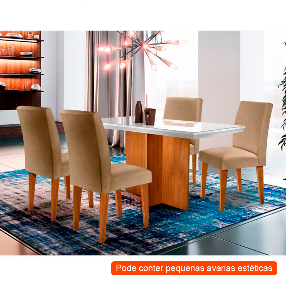 [OUTLET] Conjunto de Mesa de Jantar Berlim I com Tampo de Vidro Off White e 4 Cadeiras Grécia Linho Turim