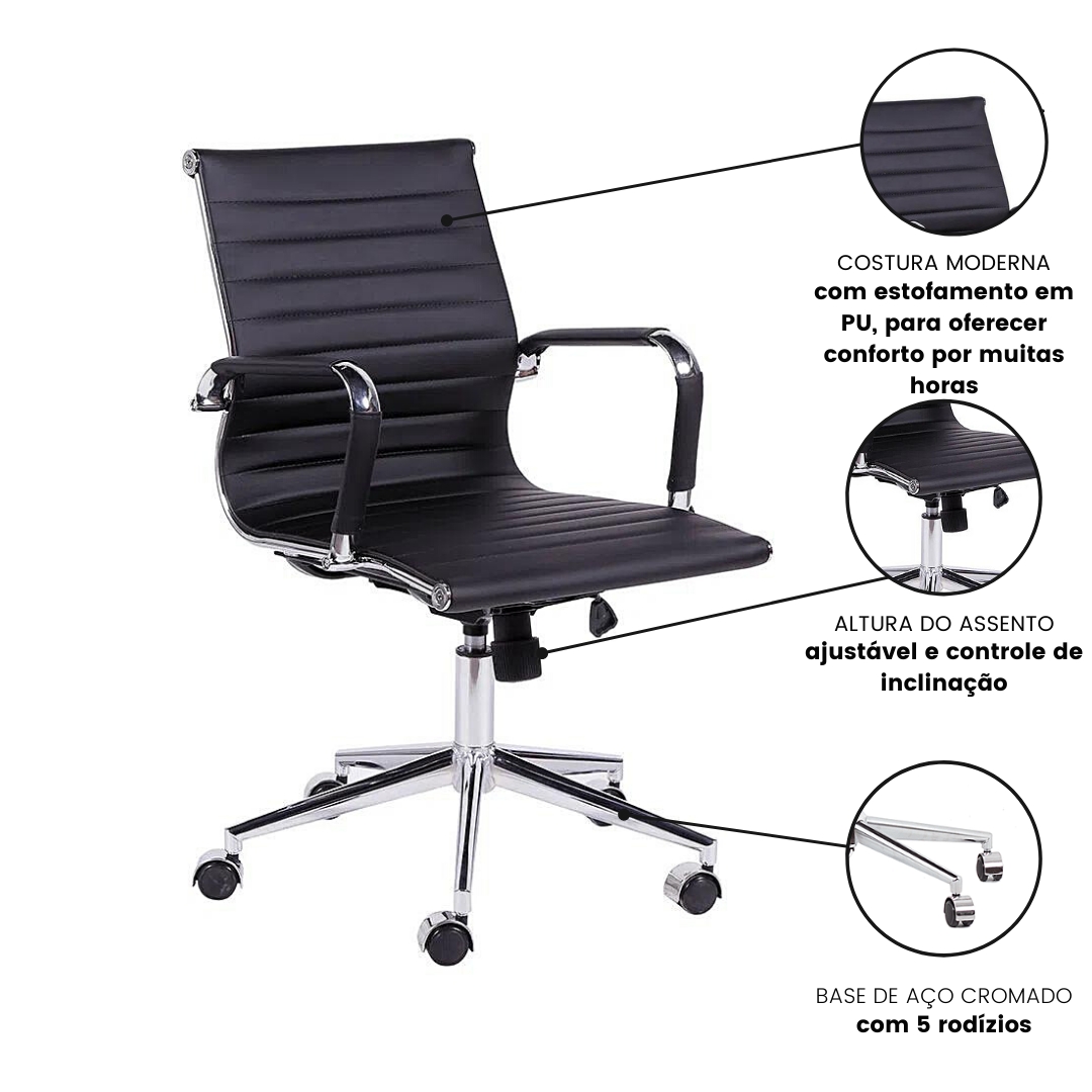 Kit 10 Esteirinha Eames Escritório Giratória Preta