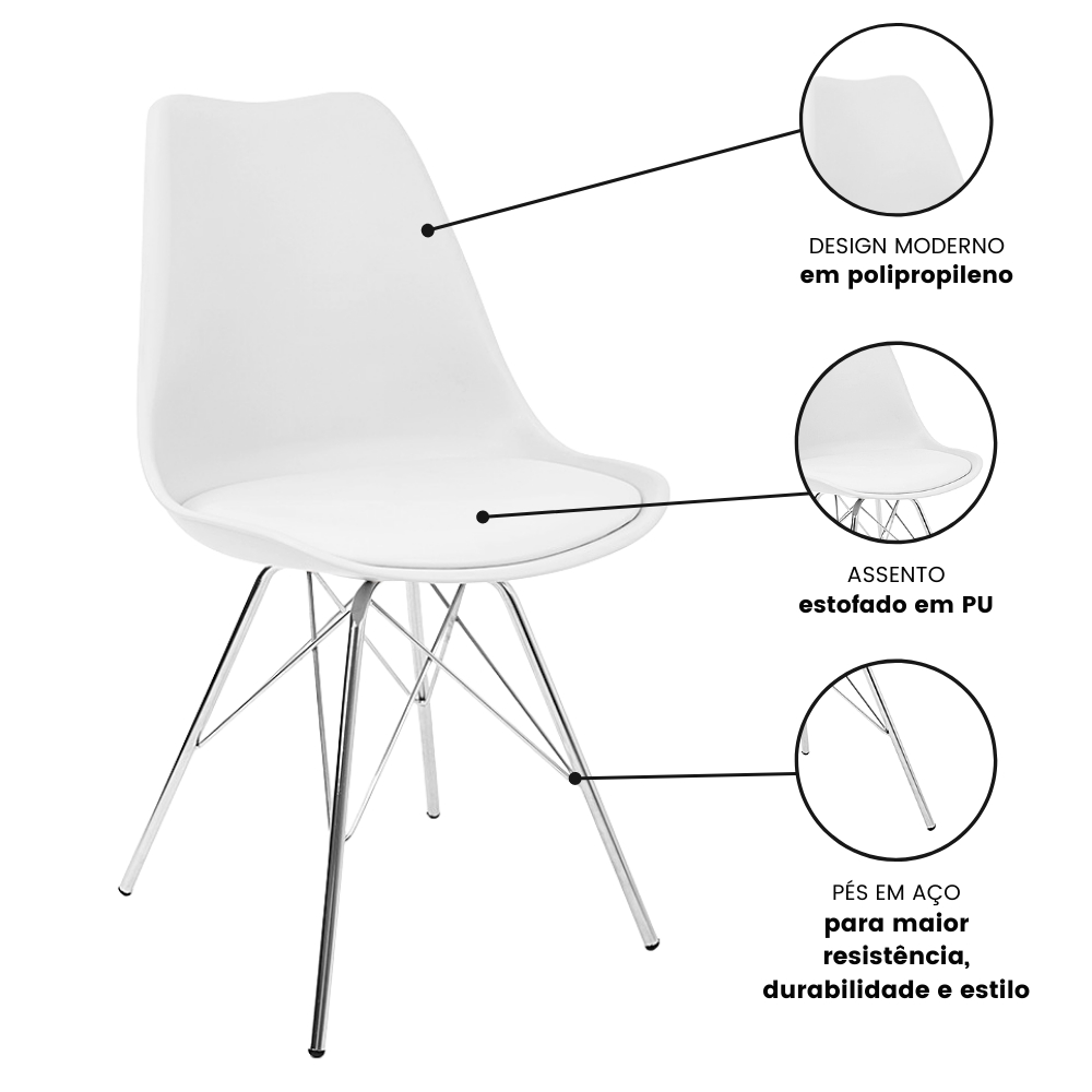 Kit 2 Cadeiras Leda Estofada Eames Branca Tower Cromado
