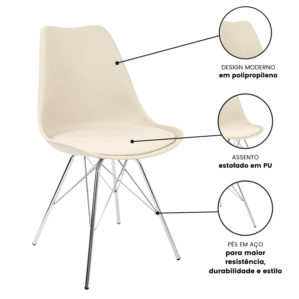 Kit 2 Cadeiras Leda Tower Estofada Nude Eames Cromado