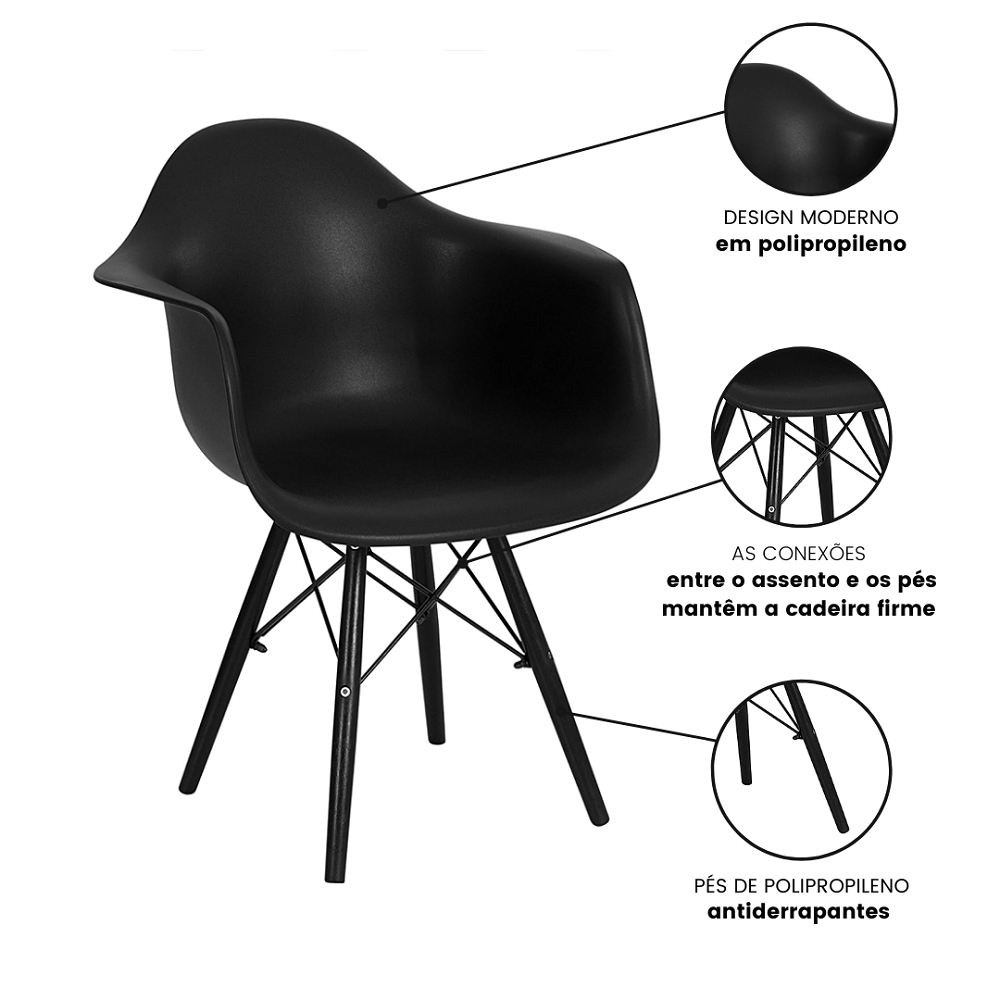 Kit 2 Cadeiras de Jantar Braço Eames Eiffel Preta Color