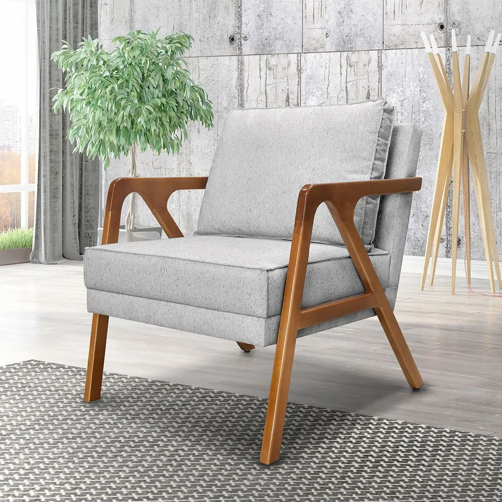 Kit 02 Poltronas Decorativa Laura Linho Cinza Base Madeira - SSX Multicoisas