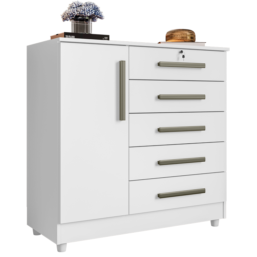 Cômoda para Quarto 1 Porta 5 Gavetas Vitória Branco - Saga Decor